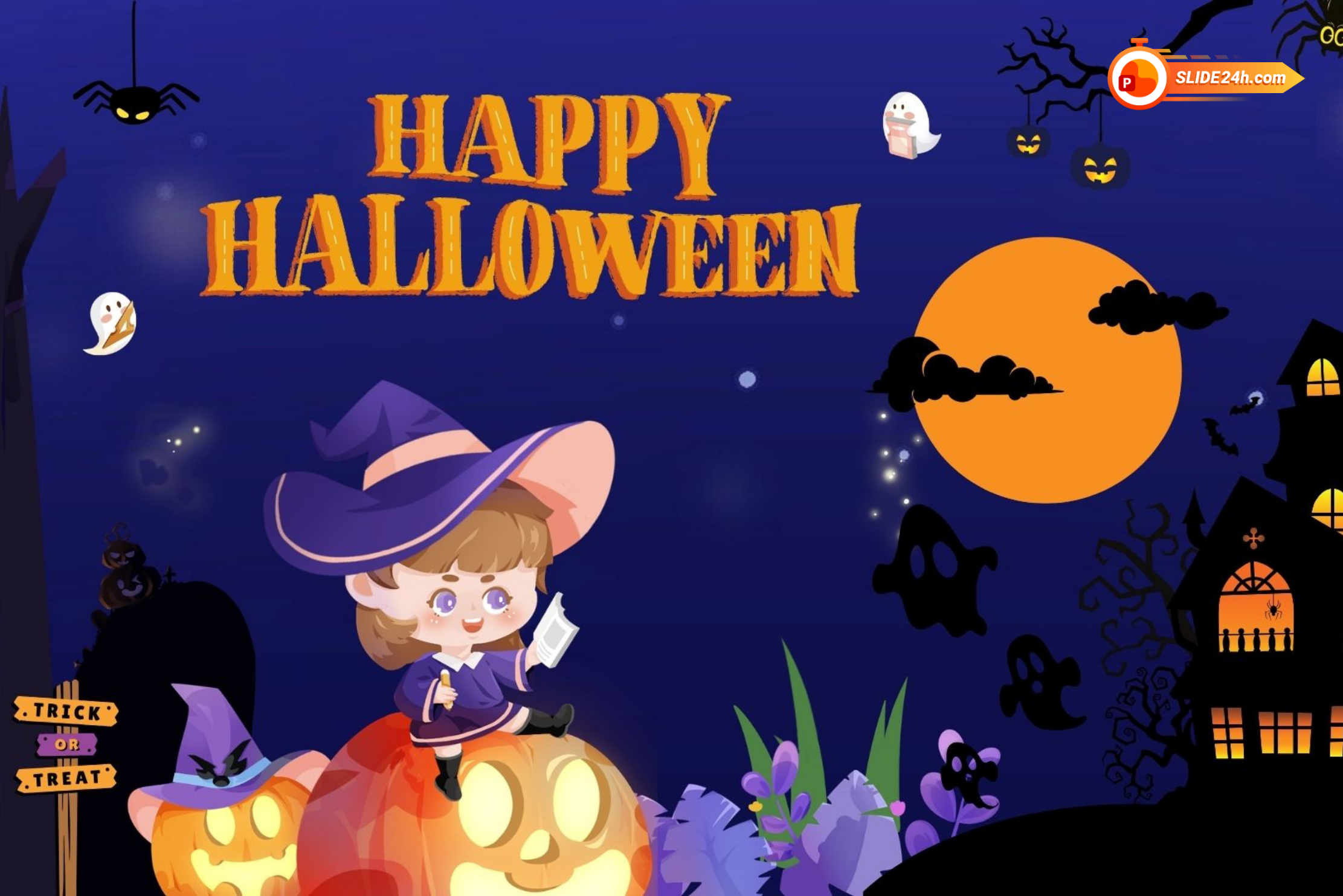 Video intro Halloween với bé phù thủy, bí ngô, trăng vàng và dòng chữ Happy Halloween.
