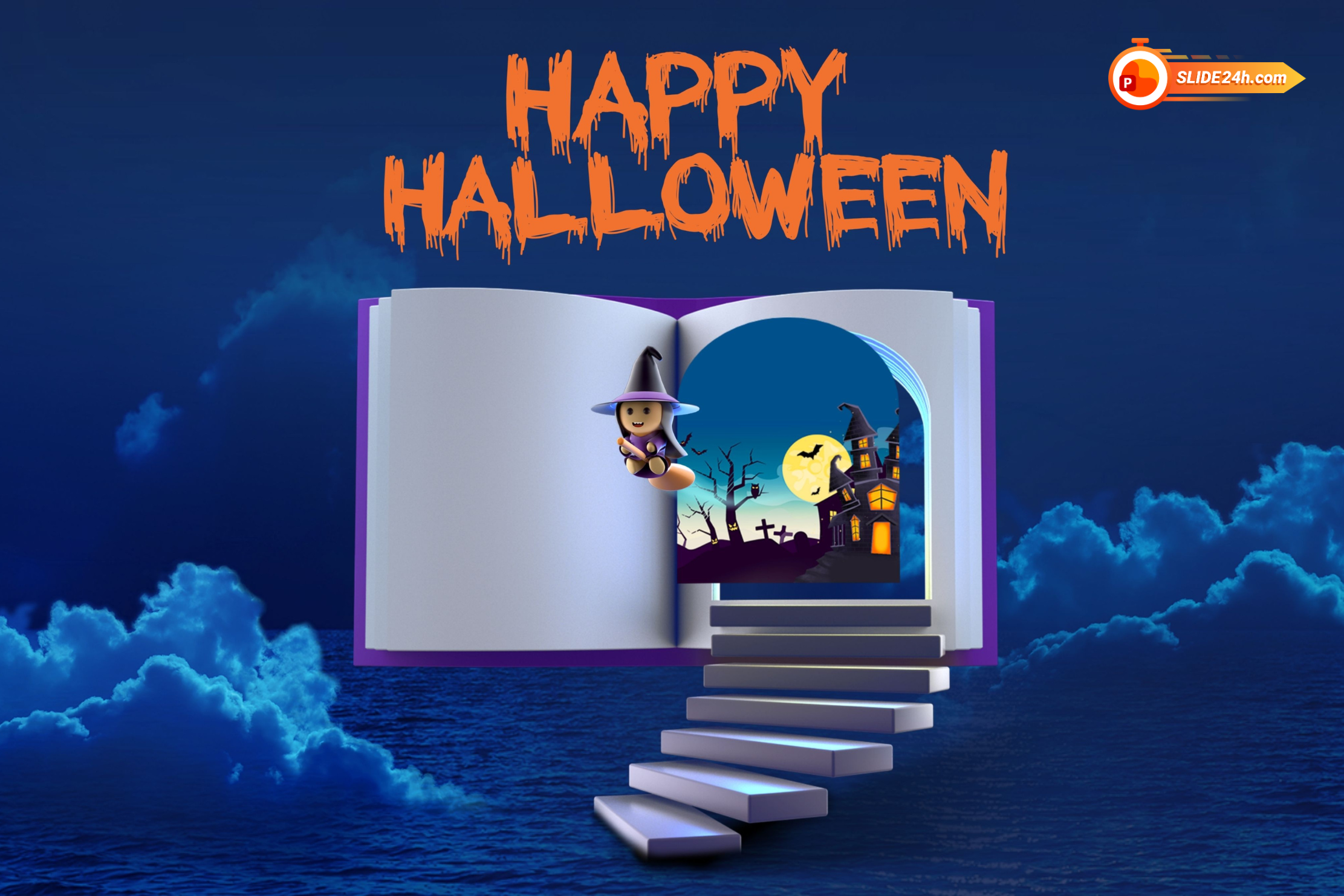 Video intro Halloween với cuốn sách ma thuật, cầu thang, phù thủy và không gian đêm huyền bí.