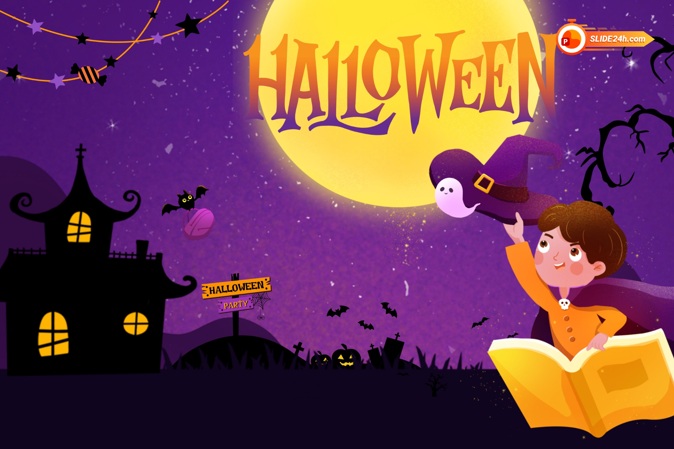 Video intro Halloween với trăng tròn, bóng ma, lâu đài tối và không gian màu tím huyền bí.