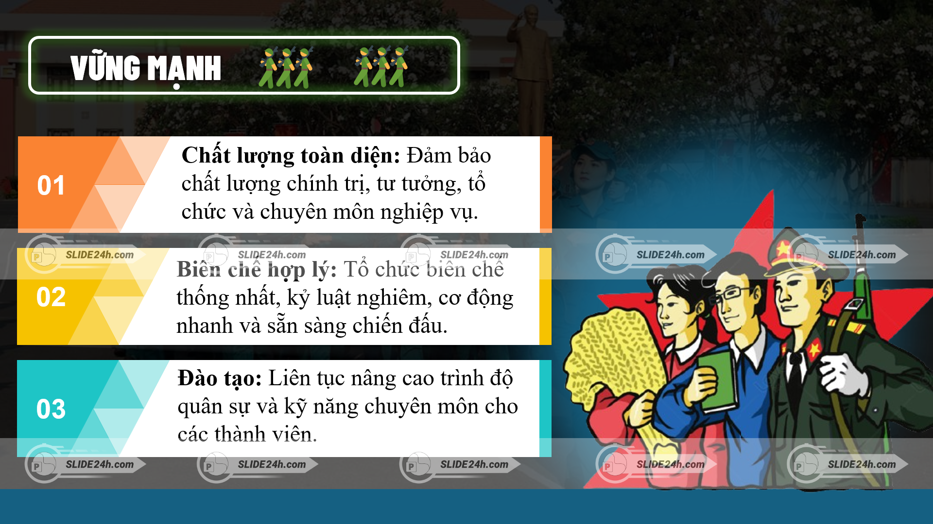xây dựng lực lượng dân quân tự vệ vững mạnh với biên chế hợp lý và đào tạo quân sự